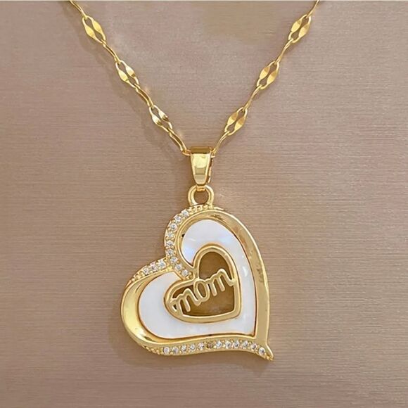 18K Gold Mom Heart Pave Diamond Inlay Pendant Necklace Mother’s Day - Picture 5 of 6
